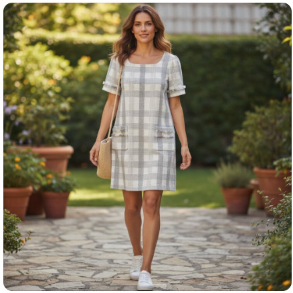 Brooks Brothers Cream and Gray Plaid Dress with Fringe Trim, 16